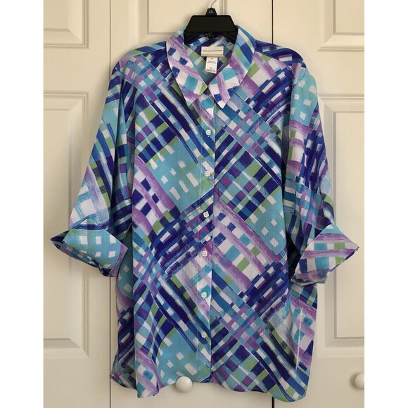 ALFRED DUNNER WOMEN'S TOP LATTICE PLAID BUTTON DOWN COLLARED NECK 3/4 SLEEVE 157 - Picture 2 of 5